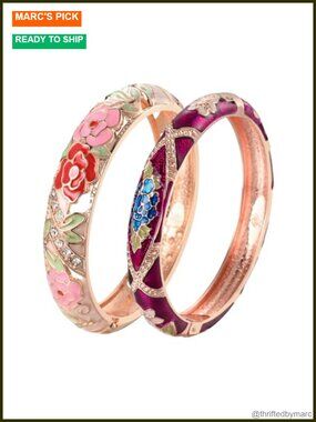 Vintage Cloisonne Enameled Rhinestone Rose Hinged Cuff Bracelet Set